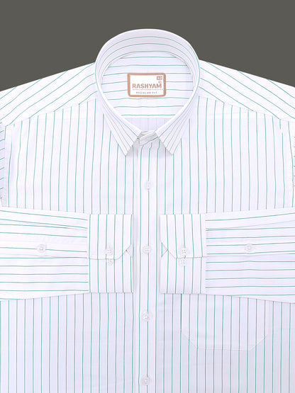 Finest Cotton Valoria Fresh Green Line On White Formal Shirt For Men